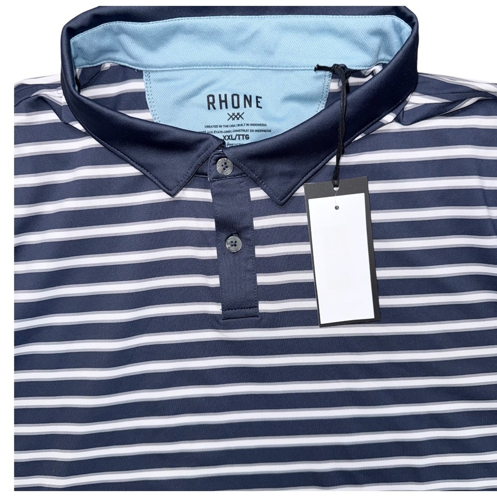 Rhone Mens XXL Golf Sport Short Sleeve Polo Navy Blue Stripe T-Shirt NWT